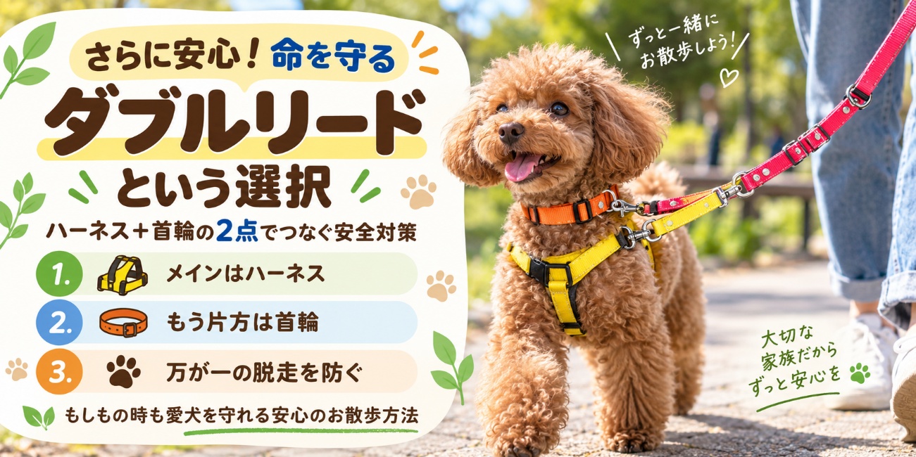 ハーネスと首輪の両方にリードをつなぐダブルリードの使用例