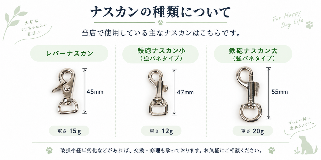 犬のリードに使うレバーナスカン・鉄砲ナスカン・強バネタイプの比較