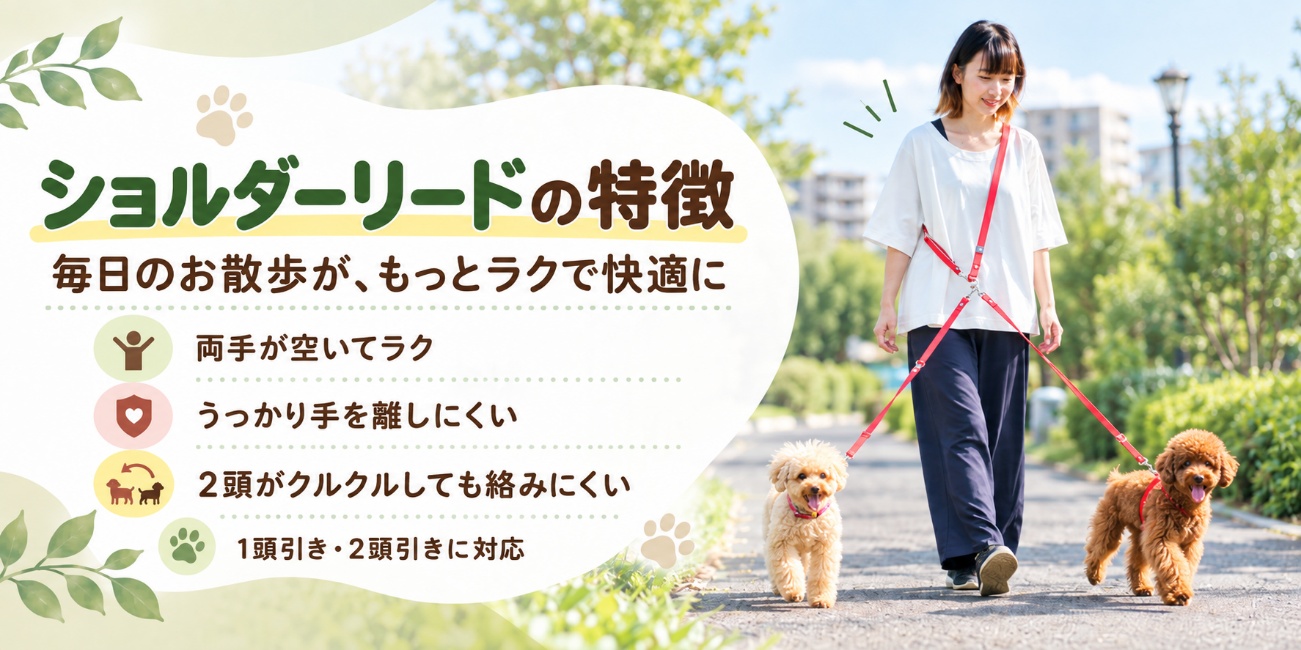 ショルダーリードで2頭の犬を散歩する様子と主な特徴