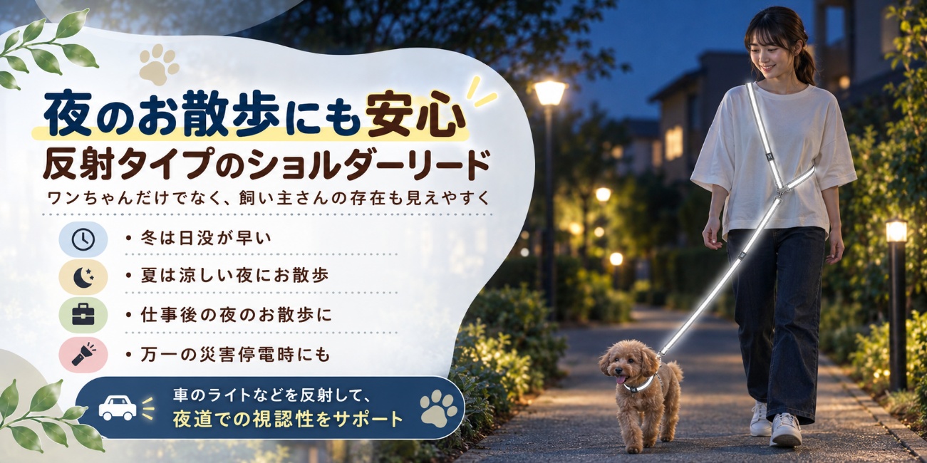 夜の散歩で反射タイプのショルダーリードを使う様子