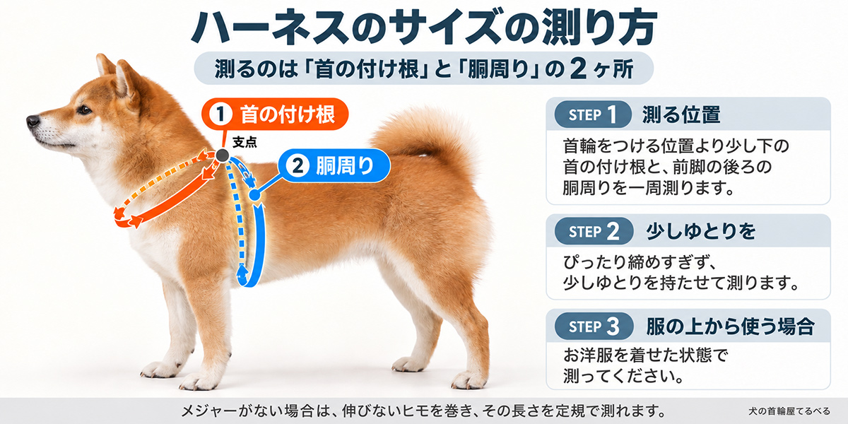 ワンダーフィットハーネスのサイズ選びで測る首の付け根と胴周りの位置